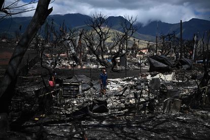 Un habitante, junto a su familia, busca pertenencias entre las cenizas de su casa quemada, este viernes en Lahaina (Hawái). 