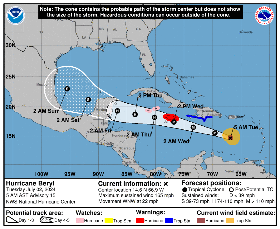 ¿Dónde está el «potencialmente catastrófico» huracán Beryl, de categoría 5?
