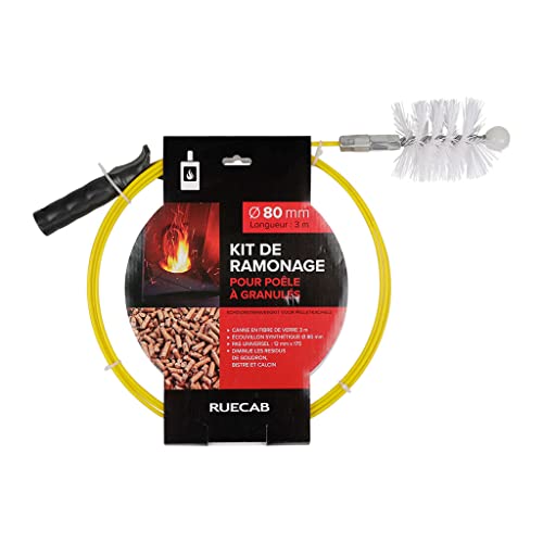 RUECAB – Kit de pellets para estufa de pellets Ø80 mm 3 m, flexible, caña de fibra de vidrio con rosca M12 x 1,75 mm – hisopos de pelo sintético 80 mm – Especial sartenes granuladas