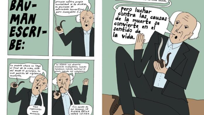 Viñetas de 'La voz del oráculo', el cómic de Liv Strömquist, en las que aparece el pensador Zygmut Bauman.